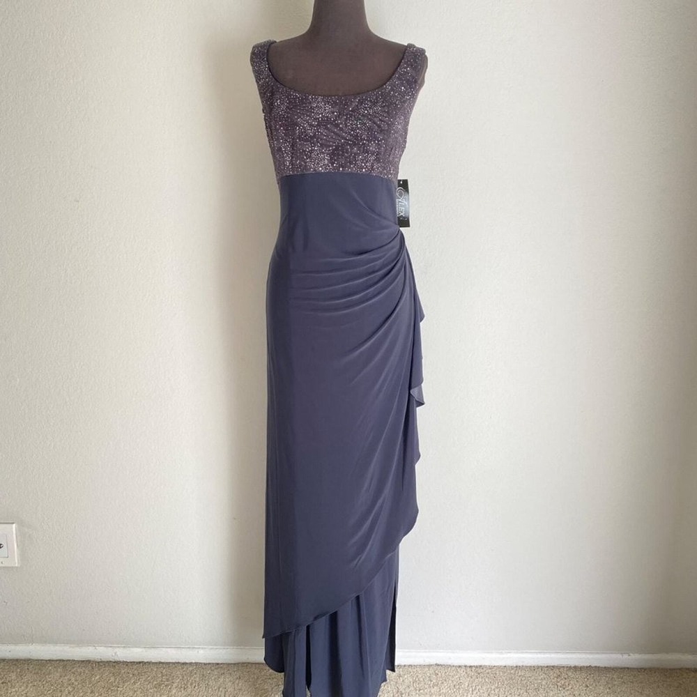 Alex Evenings Glitter MobWife Office Siren‎ Dainty Formal Gown 14 Smoke
